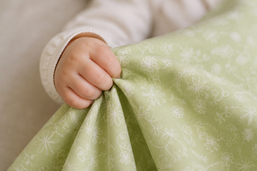 A close-up of a baby's hand holding a light green fabric blanket or sheet with a white floral pattern. The baby is wearing a cream-colored long-sleeve shirt, and the background is a soft, neutral beige.