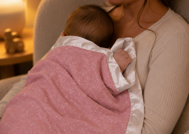 A close-up lifestyle shot of a baby resting on a mother's chest while wrapped in a pink blanket with white satin trim, set in a cozy, warmly lit home environment.
