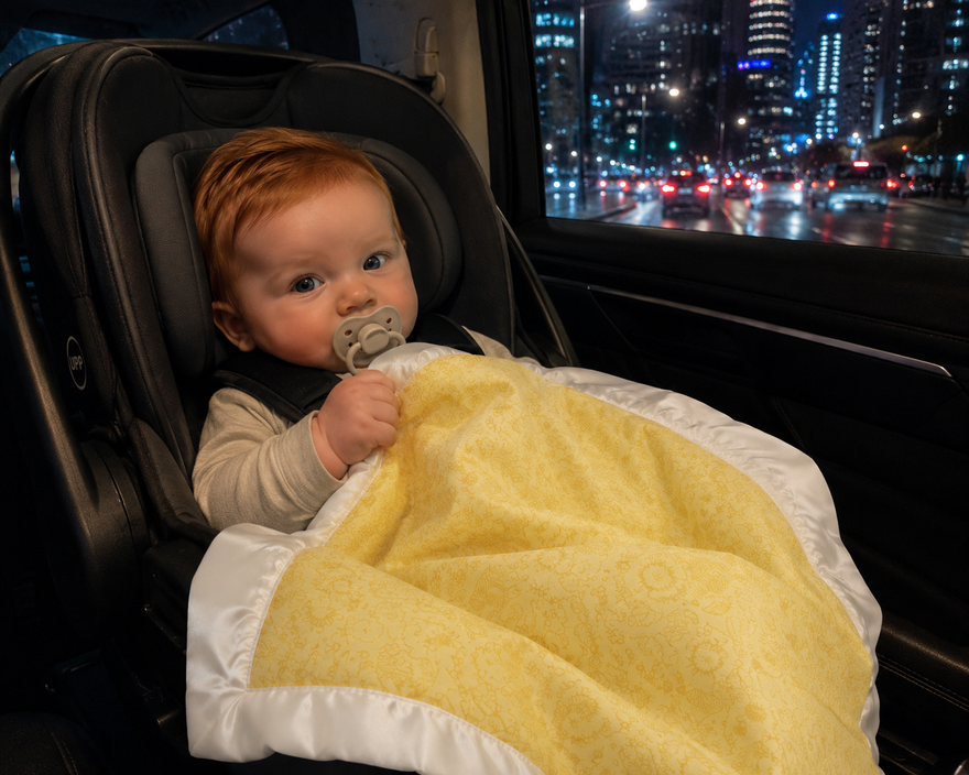 Red-haired baby snuggled in a car seat with The Modern Lovey Blanket in Yellow, a soft cotton lovey trimmed in white satin, city lights glowing through the window at night